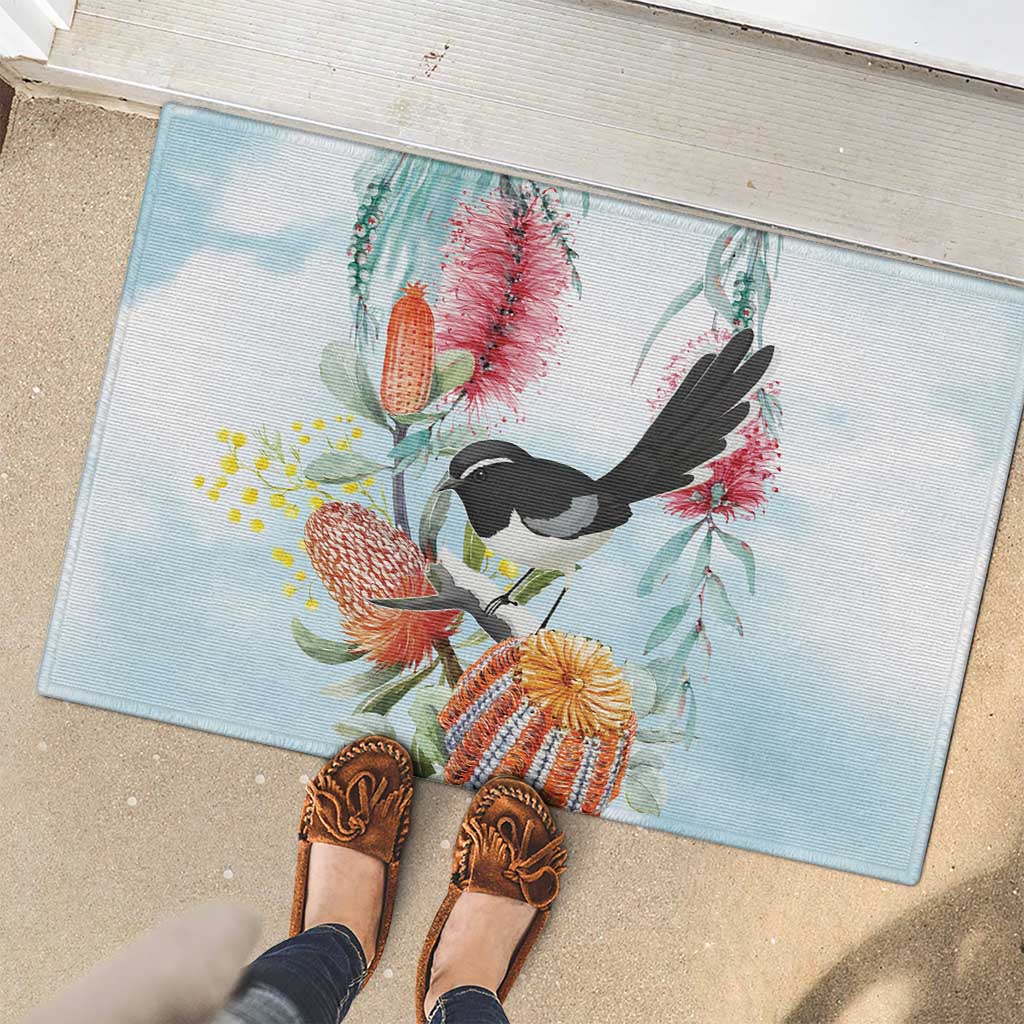 Willie wagtail Australia Rubber Doormat Banksia Bottlebrushes Watercolor Stylized - Aussie Hoodie