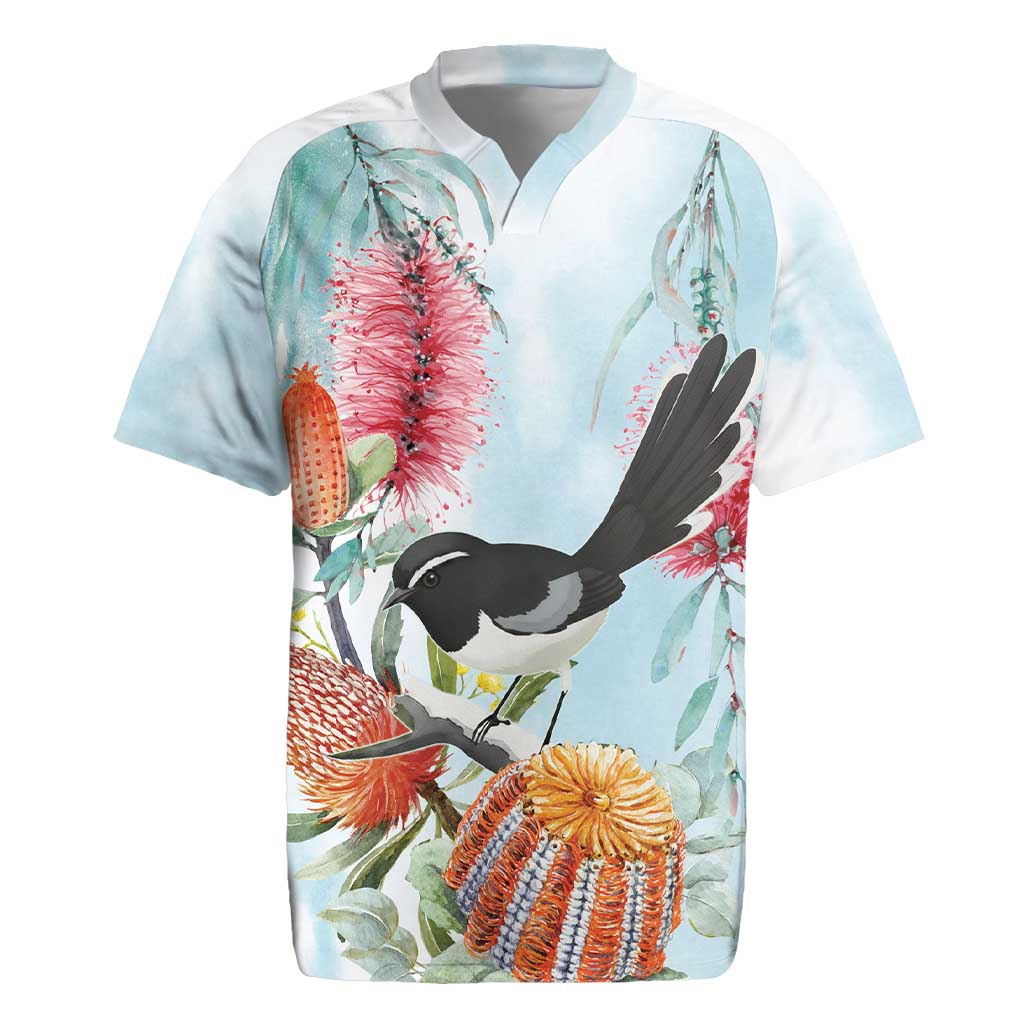 Willie wagtail Australia Rugby Jersey Banksia Bottlebrushes Watercolor Stylized - Aussie Hoodie
