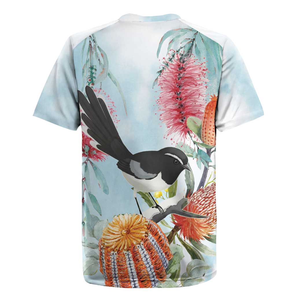 Willie wagtail Australia Rugby Jersey Banksia Bottlebrushes Watercolor Stylized - Aussie Hoodie