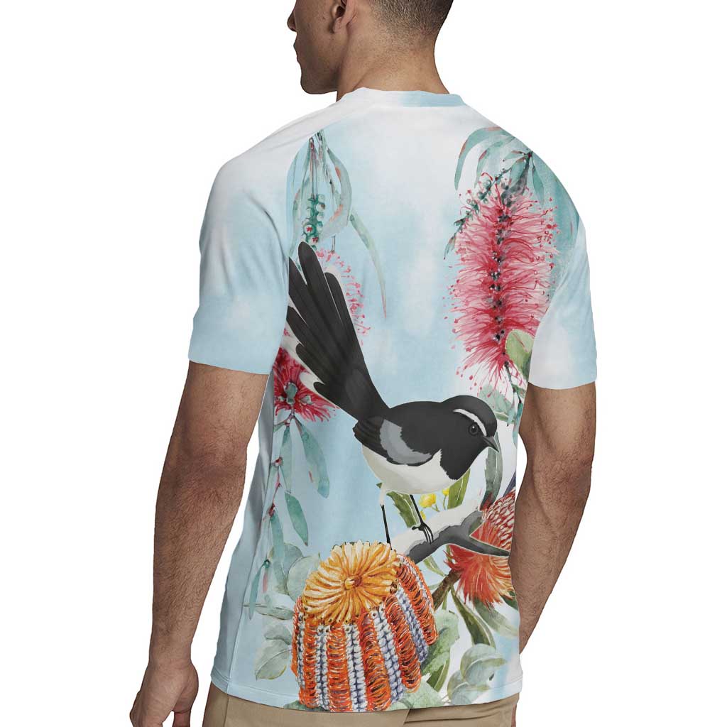Willie wagtail Australia Rugby Jersey Banksia Bottlebrushes Watercolor Stylized - Aussie Hoodie