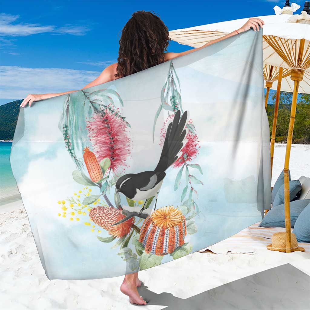 Willie wagtail Australia Sarong Banksia Bottlebrushes Watercolor Stylized - Aussie Hoodie