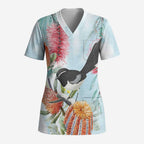 Willie wagtail Australia Scrub Top Banksia Bottlebrushes Watercolor Stylized - Aussie Hoodie