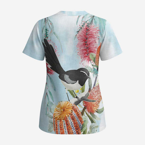 Willie wagtail Australia Scrub Top Banksia Bottlebrushes Watercolor Stylized - Aussie Hoodie