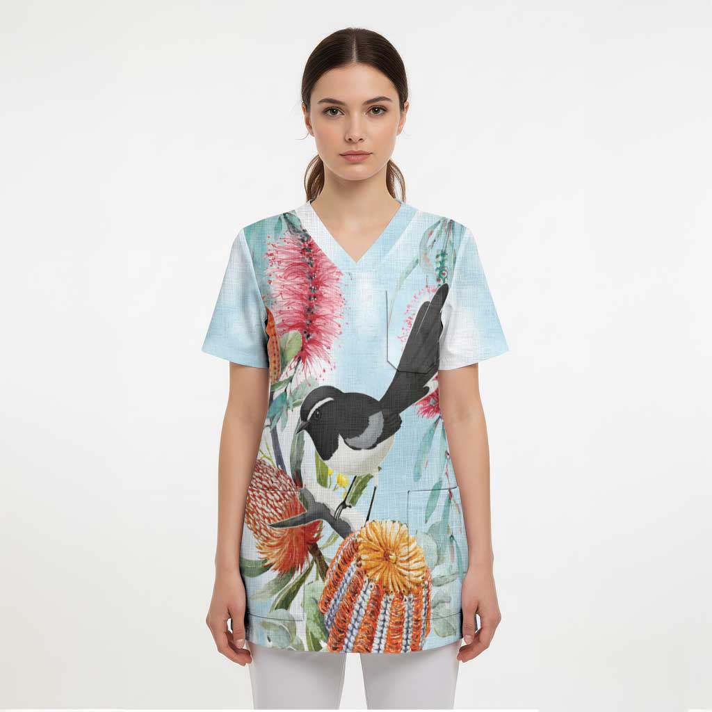 Willie wagtail Australia Scrub Top Banksia Bottlebrushes Watercolor Stylized - Aussie Hoodie