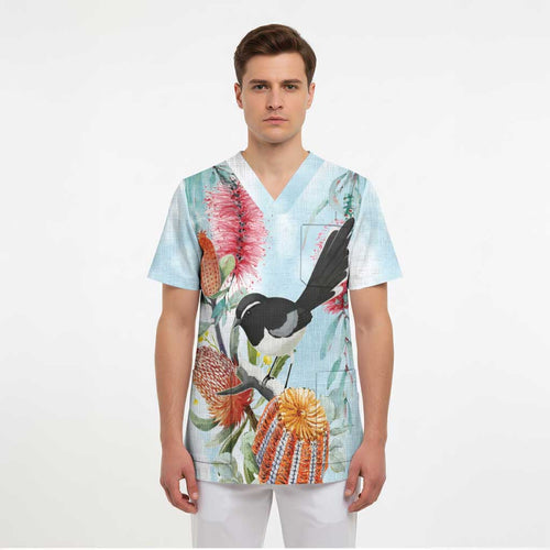 Willie wagtail Australia Scrub Top Banksia Bottlebrushes Watercolor Stylized - Aussie Hoodie
