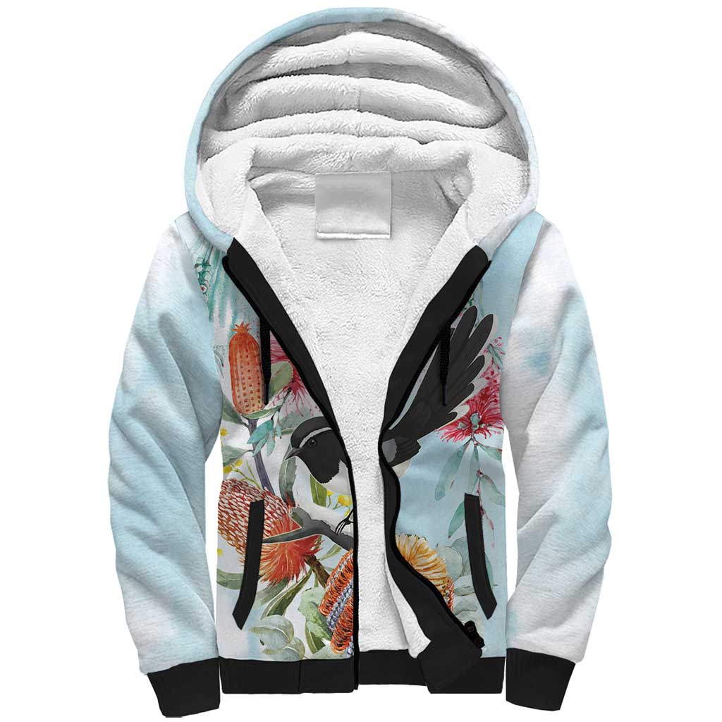 Willie wagtail Australia Sherpa Hoodie Banksia Bottlebrushes Watercolor Stylized - Aussie Hoodie