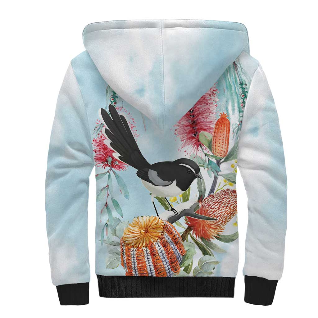 Willie wagtail Australia Sherpa Hoodie Banksia Bottlebrushes Watercolor Stylized - Aussie Hoodie