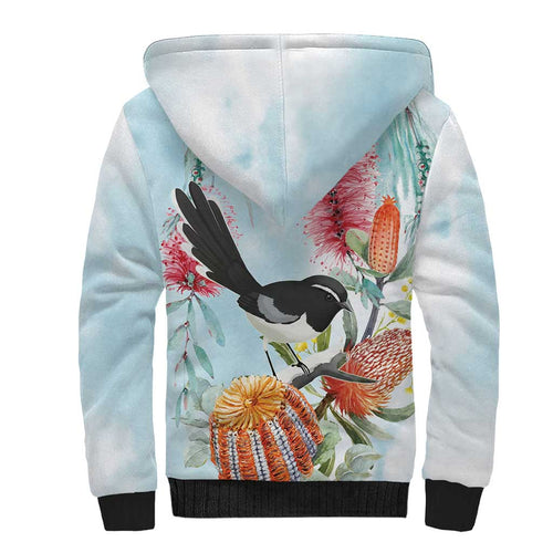Willie wagtail Australia Sherpa Hoodie Banksia Bottlebrushes Watercolor Stylized - Aussie Hoodie