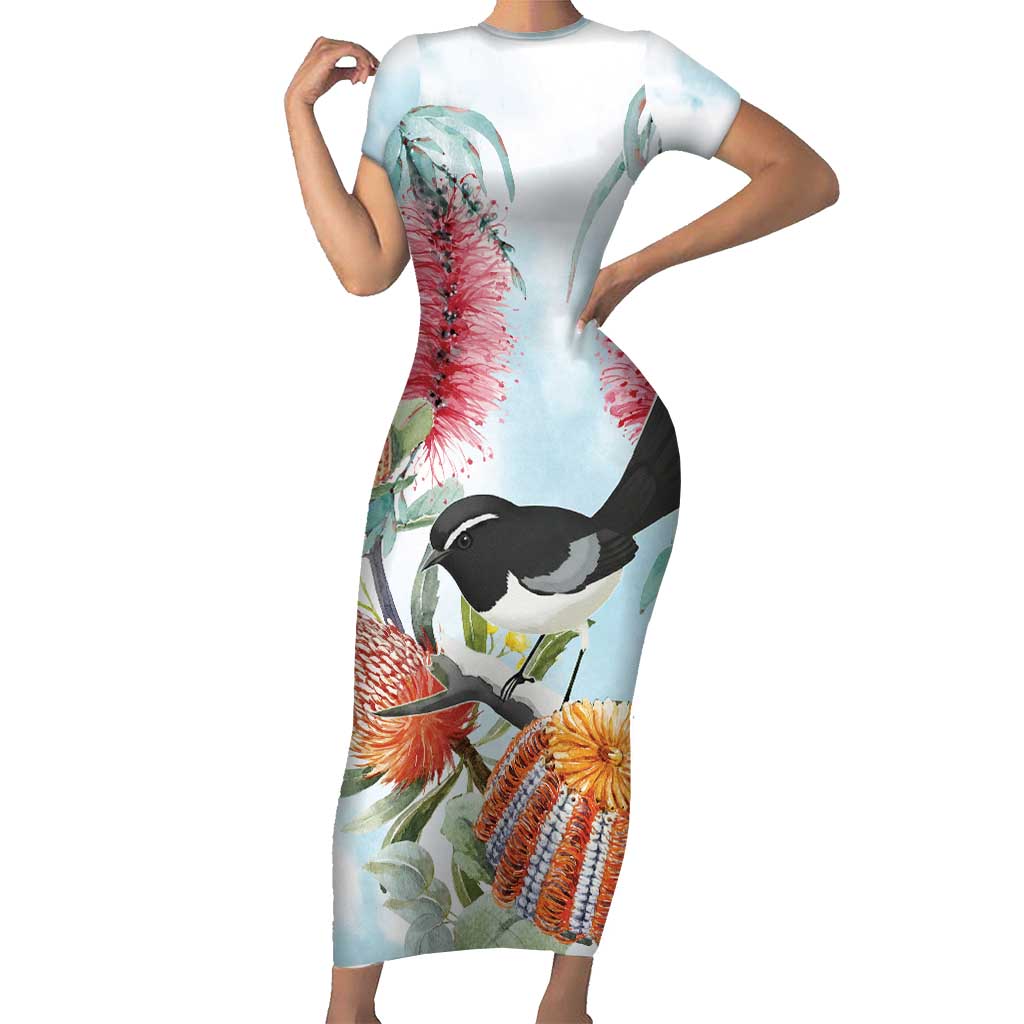 Willie wagtail Australia Short Sleeve Bodycon Dress Banksia Bottlebrushes Watercolor Stylized - Aussie Hoodie