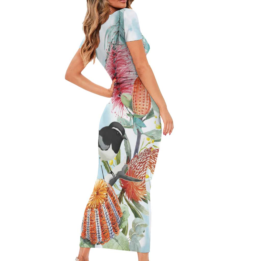Willie wagtail Australia Short Sleeve Bodycon Dress Banksia Bottlebrushes Watercolor Stylized - Aussie Hoodie