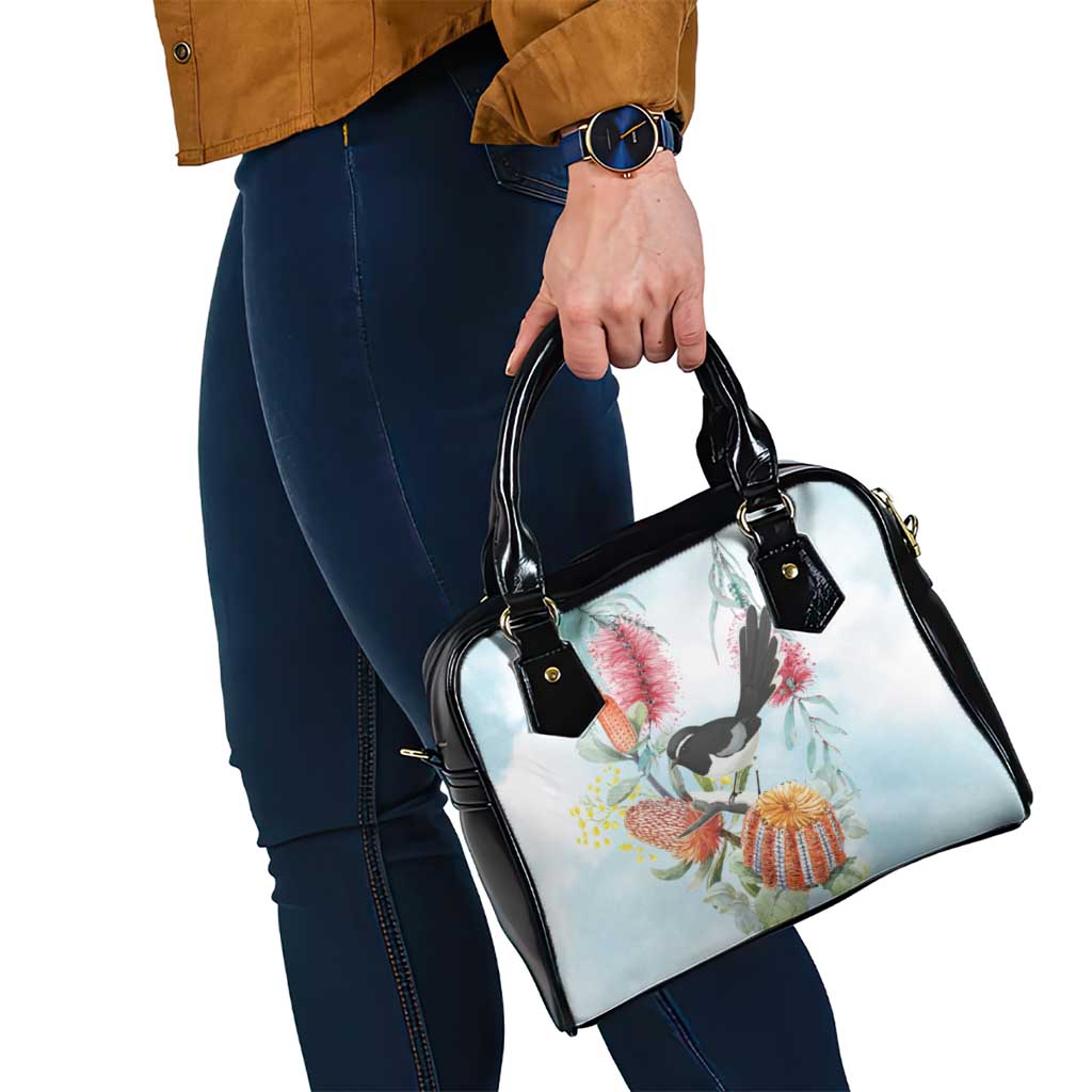 Willie wagtail Australia Shoulder Handbag Banksia Bottlebrushes Watercolor Stylized - Aussie Hoodie