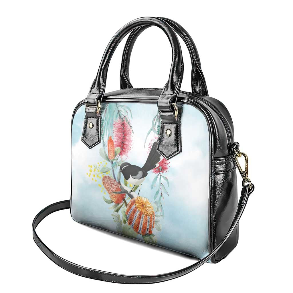 Willie wagtail Australia Shoulder Handbag Banksia Bottlebrushes Watercolor Stylized - Aussie Hoodie