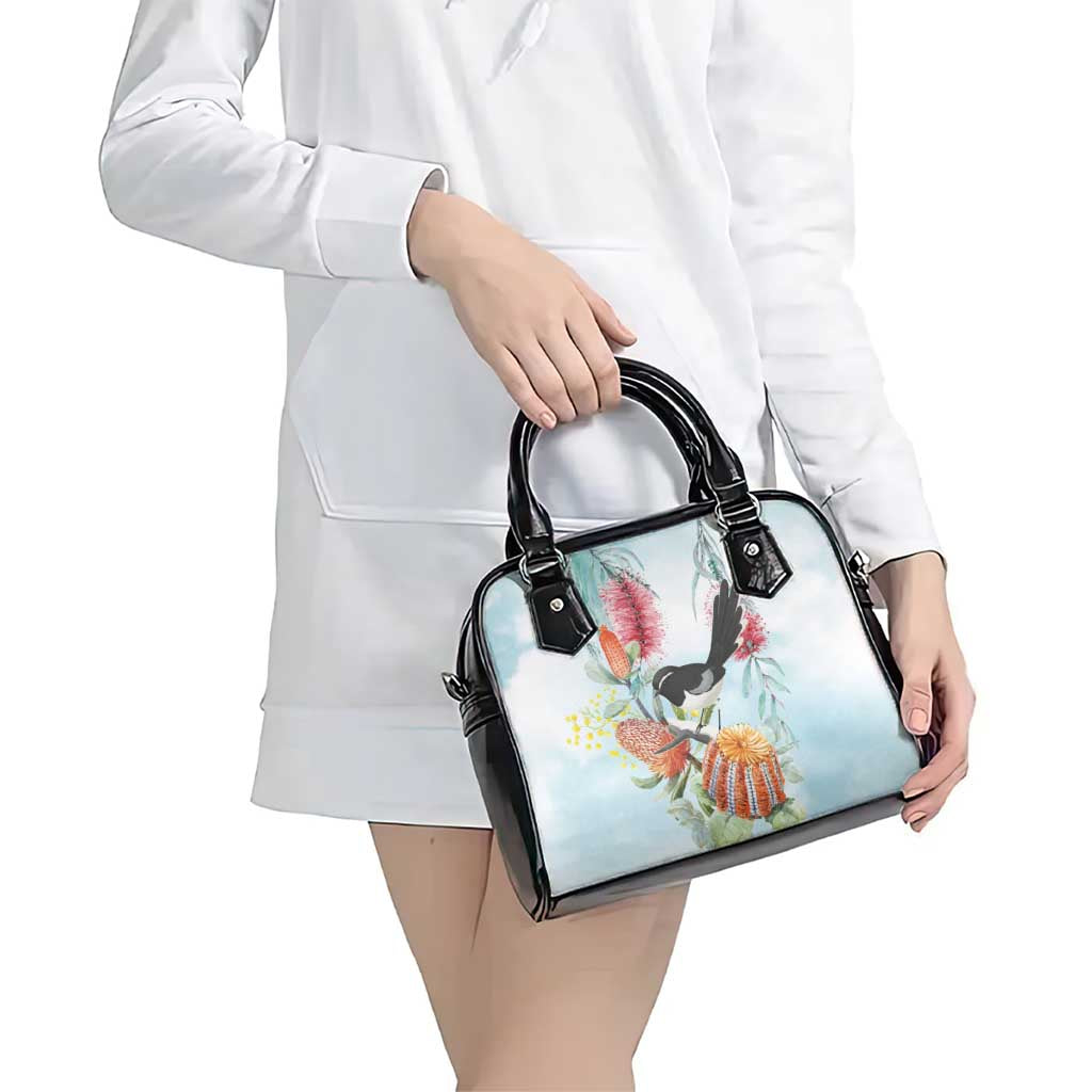 Willie wagtail Australia Shoulder Handbag Banksia Bottlebrushes Watercolor Stylized - Aussie Hoodie