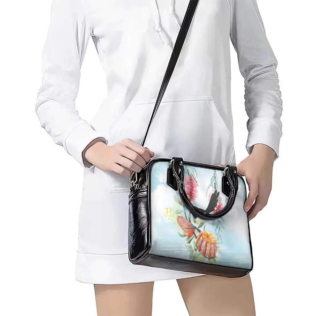 Willie wagtail Australia Shoulder Handbag Banksia Bottlebrushes Watercolor Stylized - Aussie Hoodie