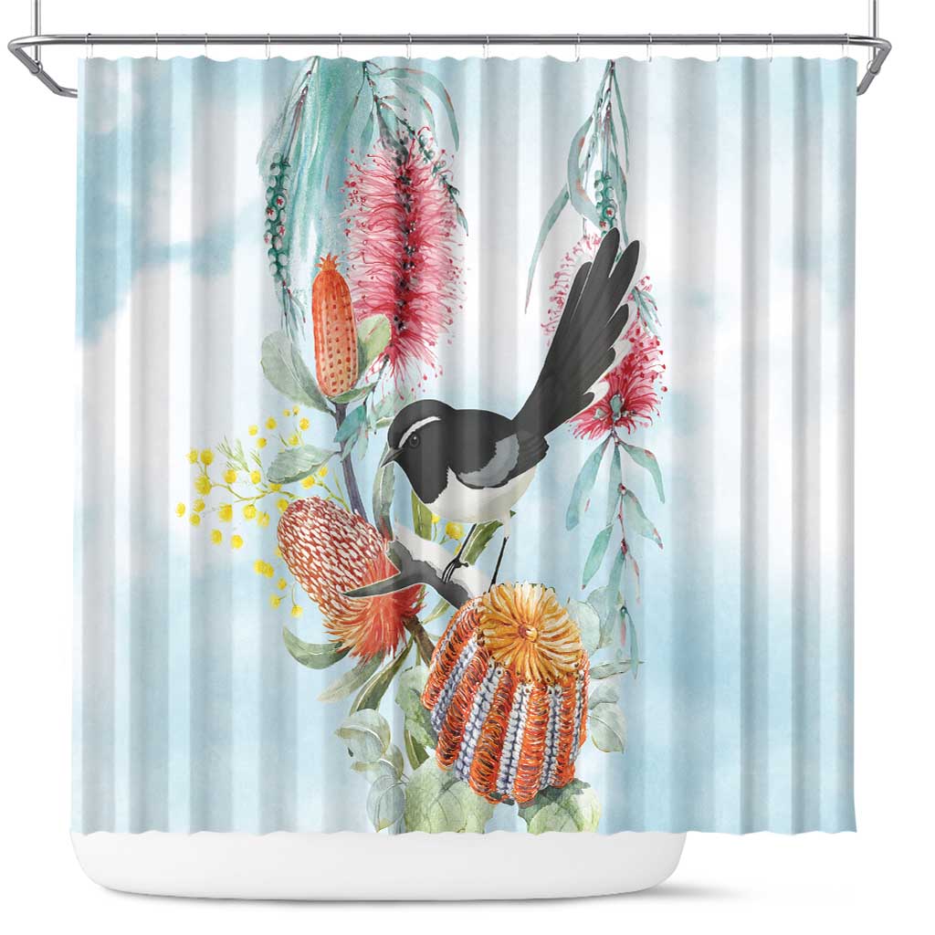 Willie wagtail Australia Shower Curtain Banksia Bottlebrushes Watercolor Stylized - Aussie Hoodie