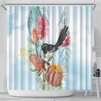 Willie wagtail Australia Shower Curtain Banksia Bottlebrushes Watercolor Stylized - Aussie Hoodie