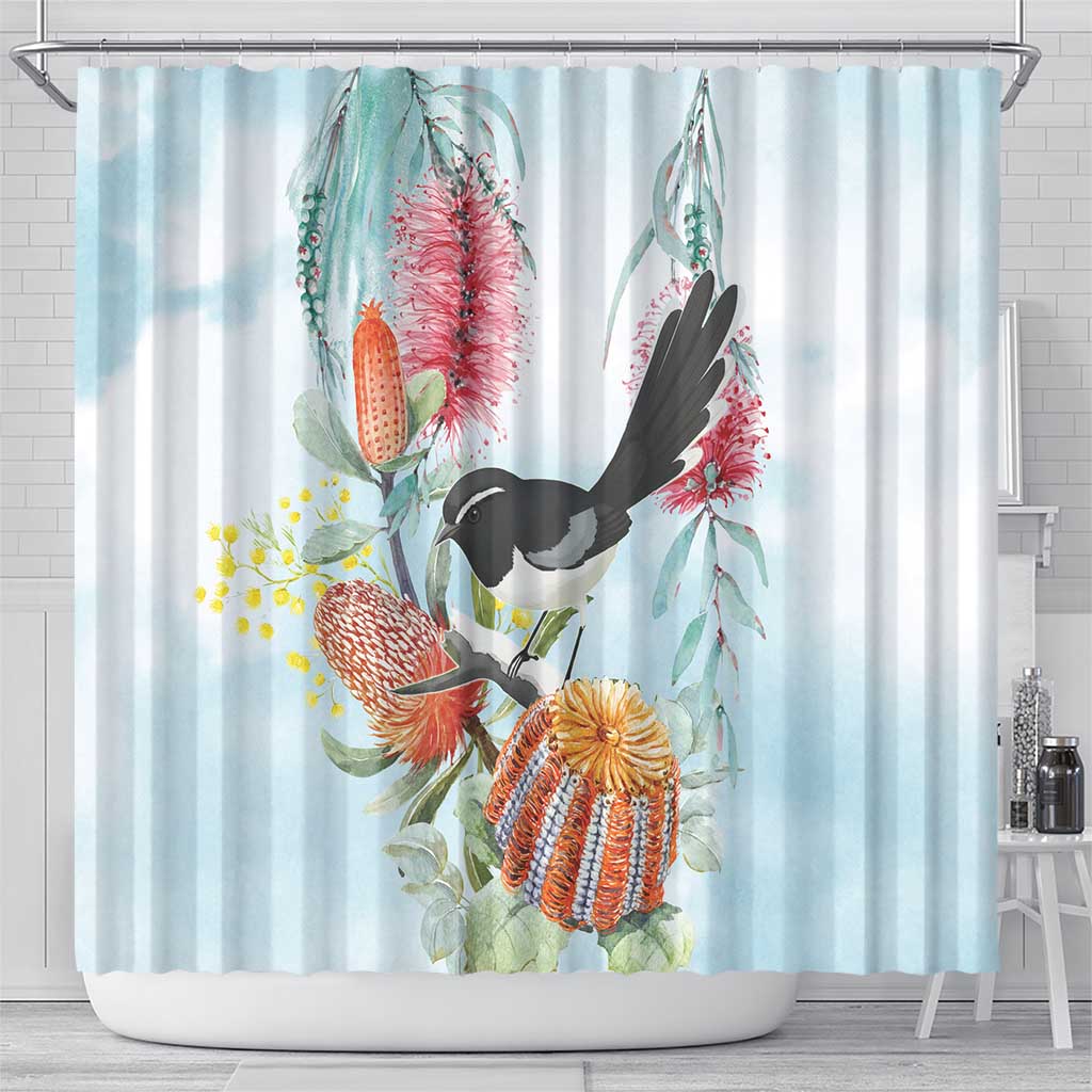 Willie wagtail Australia Shower Curtain Banksia Bottlebrushes Watercolor Stylized - Aussie Hoodie
