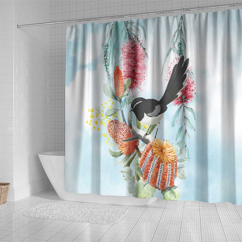 Willie wagtail Australia Shower Curtain Banksia Bottlebrushes Watercolor Stylized - Aussie Hoodie