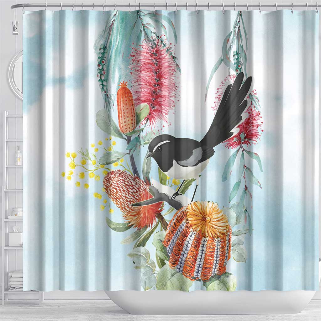 Willie wagtail Australia Shower Curtain Banksia Bottlebrushes Watercolor Stylized - Aussie Hoodie