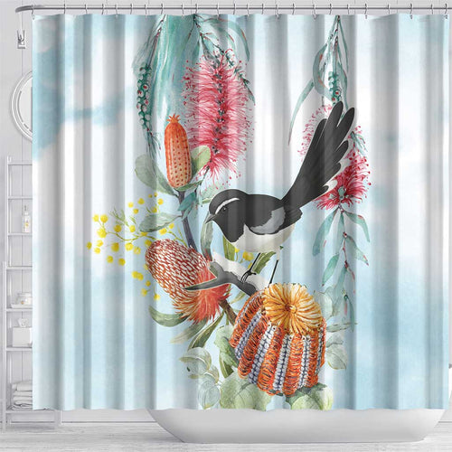 Willie wagtail Australia Shower Curtain Banksia Bottlebrushes Watercolor Stylized - Aussie Hoodie