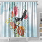 Willie wagtail Australia Shower Curtain Banksia Bottlebrushes Watercolor Stylized - Aussie Hoodie