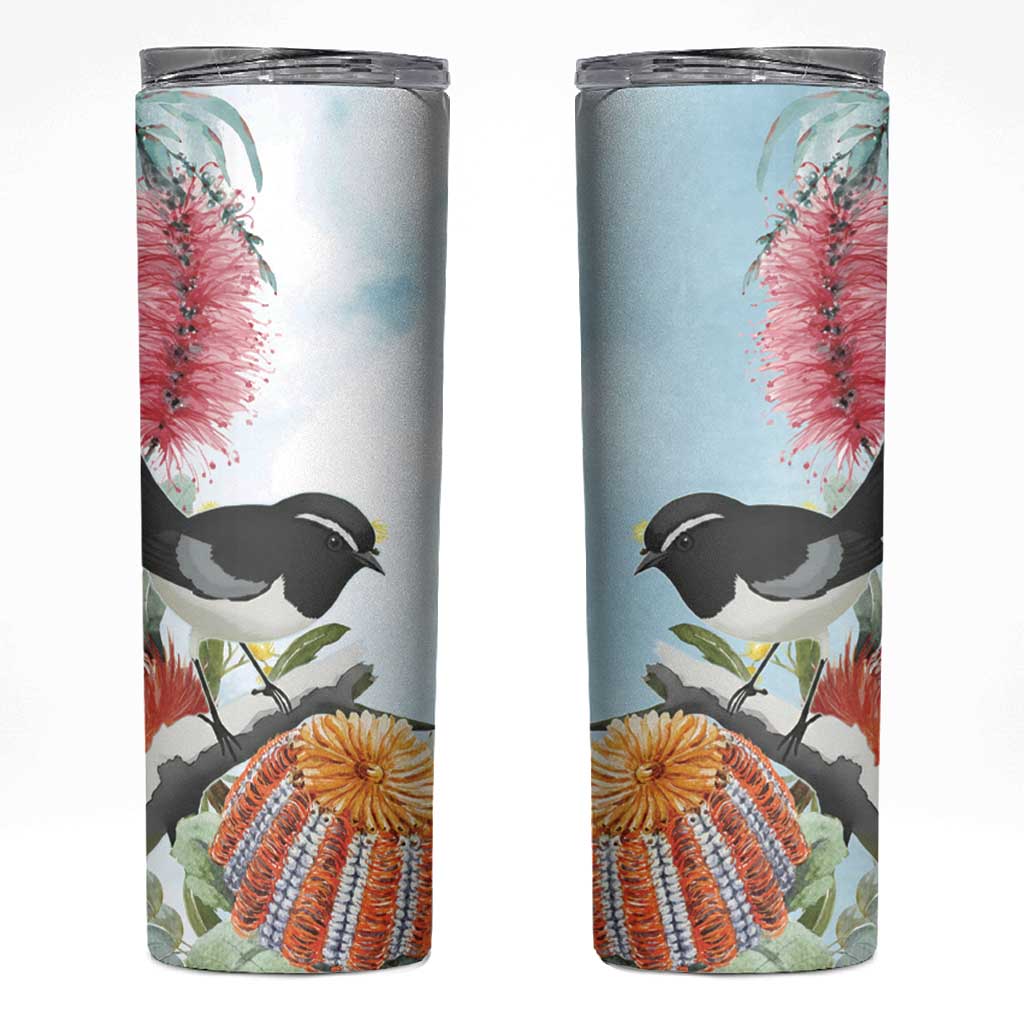 Willie wagtail Australia Skinny Tumbler Banksia Bottlebrushes Watercolor Stylized - Aussie Hoodie