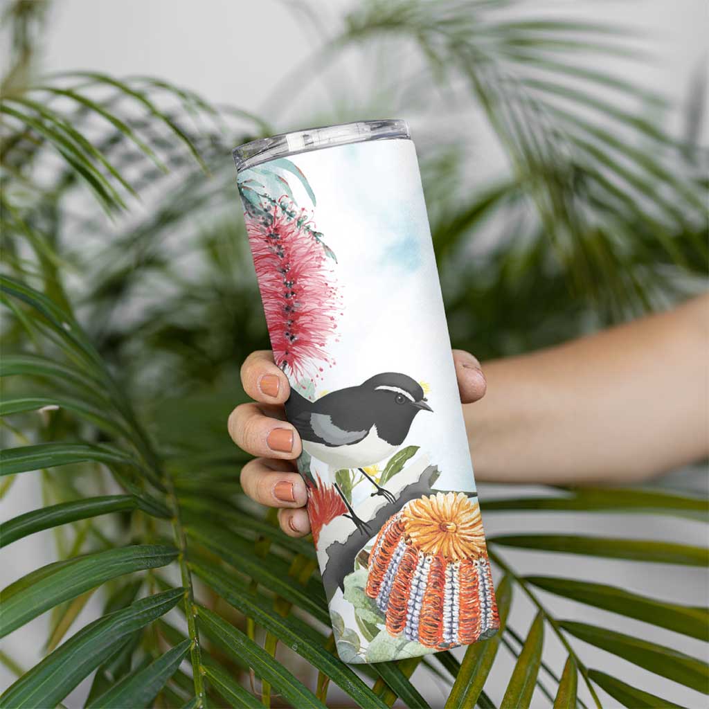 Willie wagtail Australia Skinny Tumbler Banksia Bottlebrushes Watercolor Stylized - Aussie Hoodie