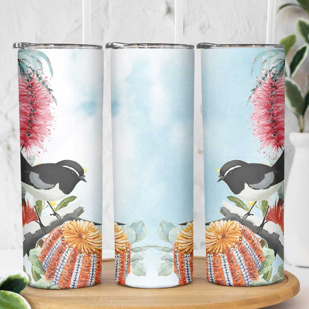 Willie wagtail Australia Skinny Tumbler Banksia Bottlebrushes Watercolor Stylized - Aussie Hoodie