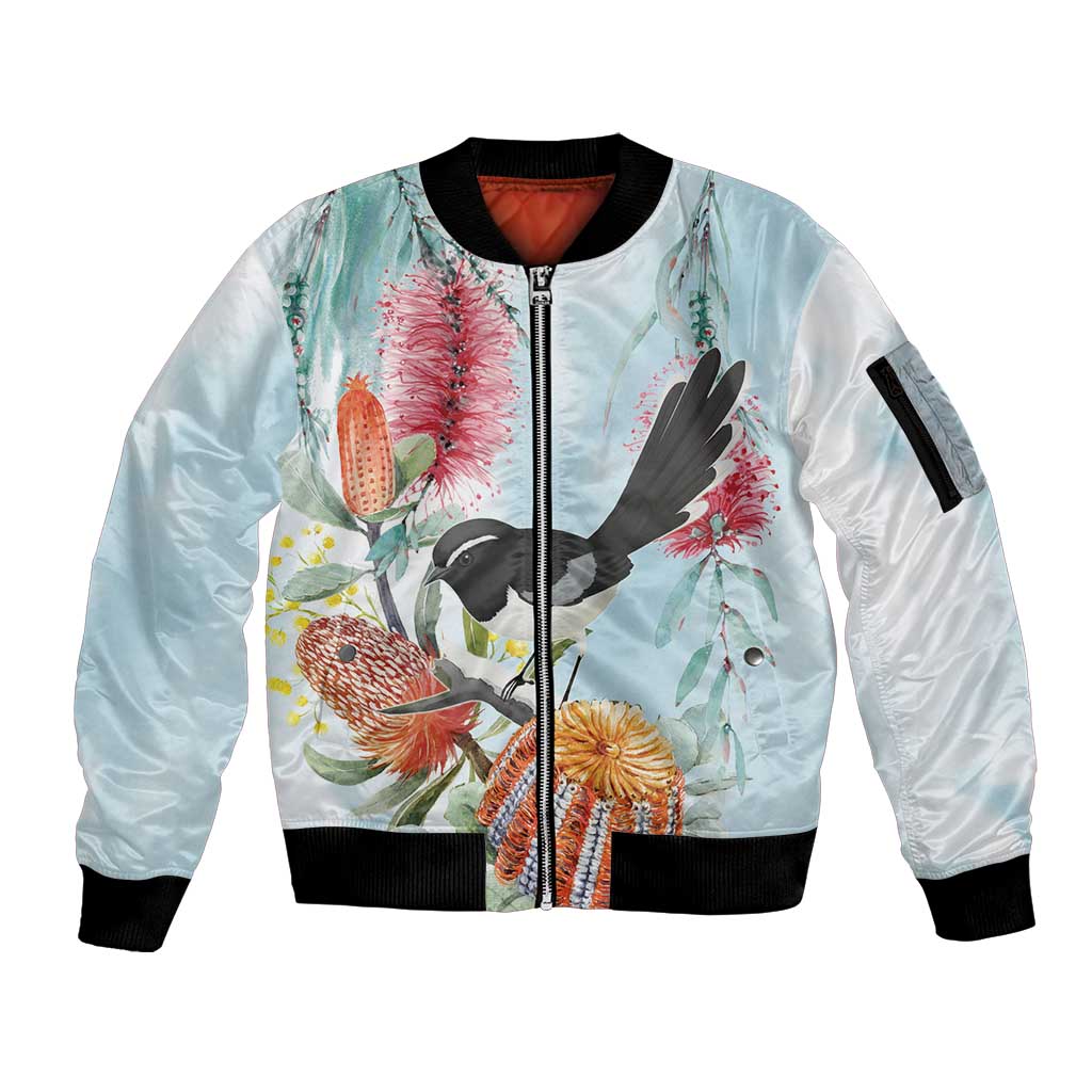Willie wagtail Australia Sleeve Zip Bomber Jacket Banksia Bottlebrushes Watercolor Stylized - Aussie Hoodie