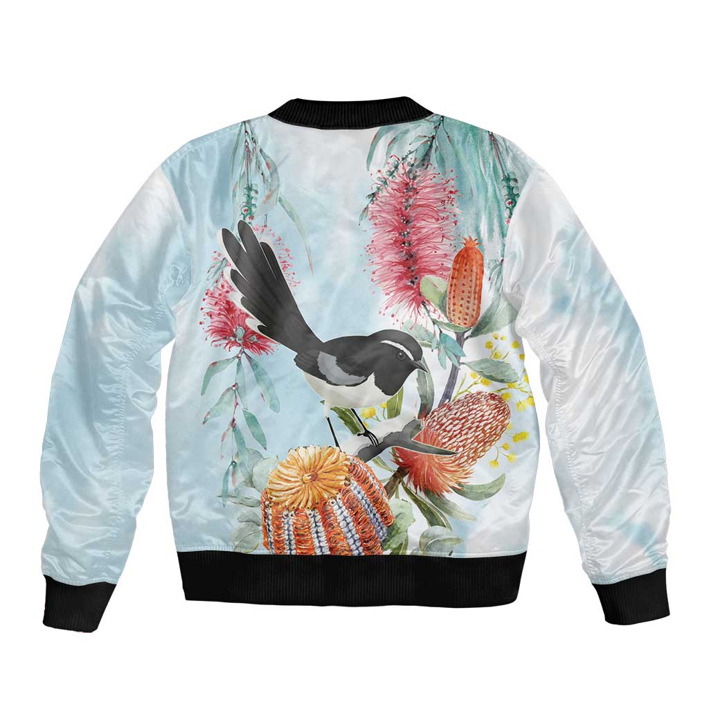 Willie wagtail Australia Sleeve Zip Bomber Jacket Banksia Bottlebrushes Watercolor Stylized - Aussie Hoodie
