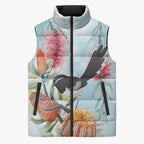 Willie wagtail Australia Sleeveless Puffer Jacket Banksia Bottlebrushes Watercolor Stylized - Aussie Hoodie