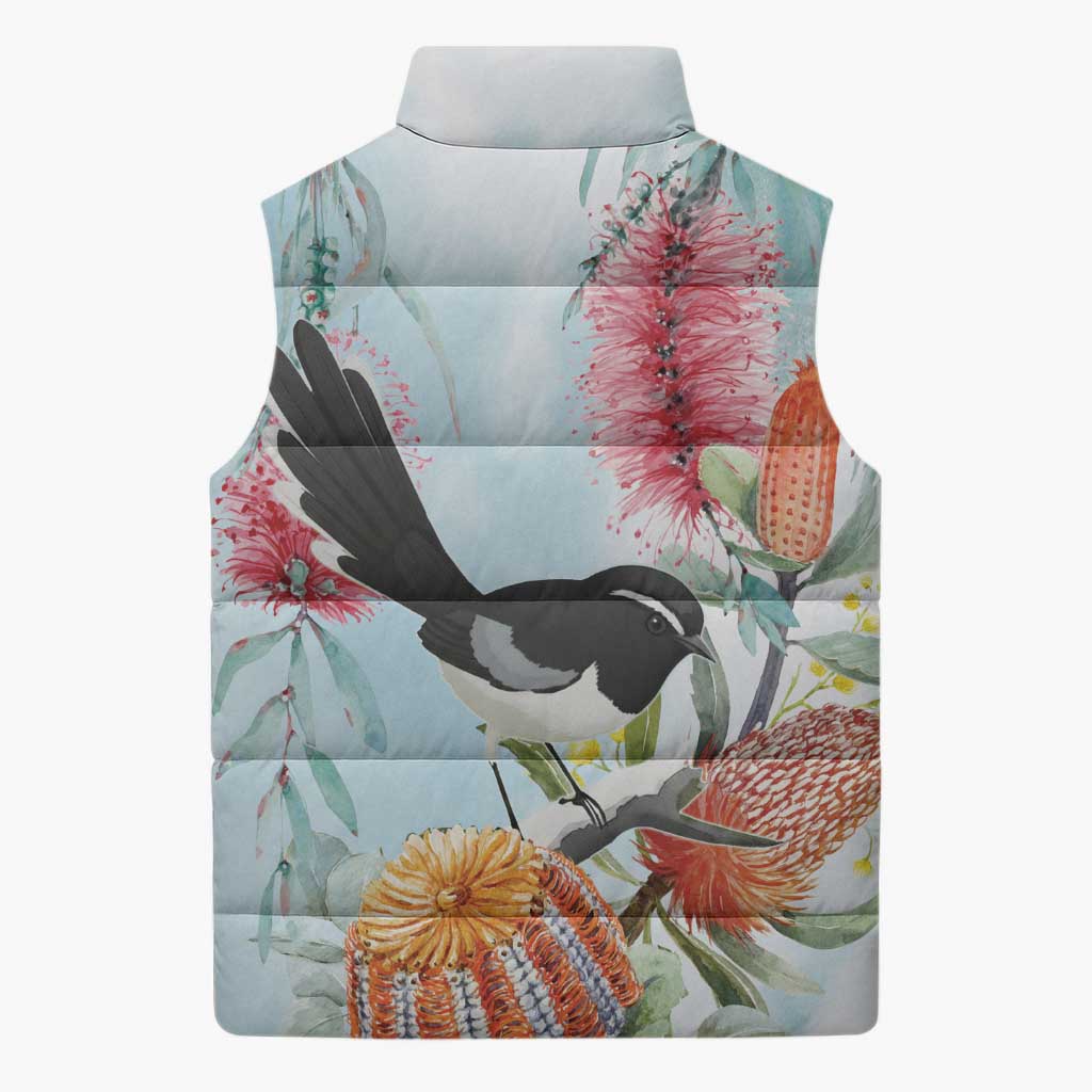 Willie wagtail Australia Sleeveless Puffer Jacket Banksia Bottlebrushes Watercolor Stylized - Aussie Hoodie