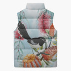Willie wagtail Australia Sleeveless Puffer Jacket Banksia Bottlebrushes Watercolor Stylized - Aussie Hoodie