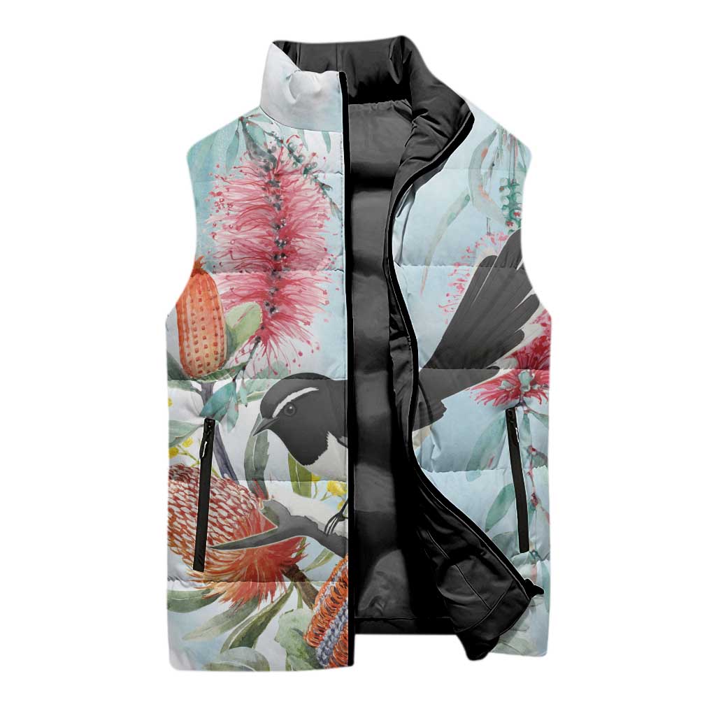 Willie wagtail Australia Sleeveless Puffer Jacket Banksia Bottlebrushes Watercolor Stylized - Aussie Hoodie