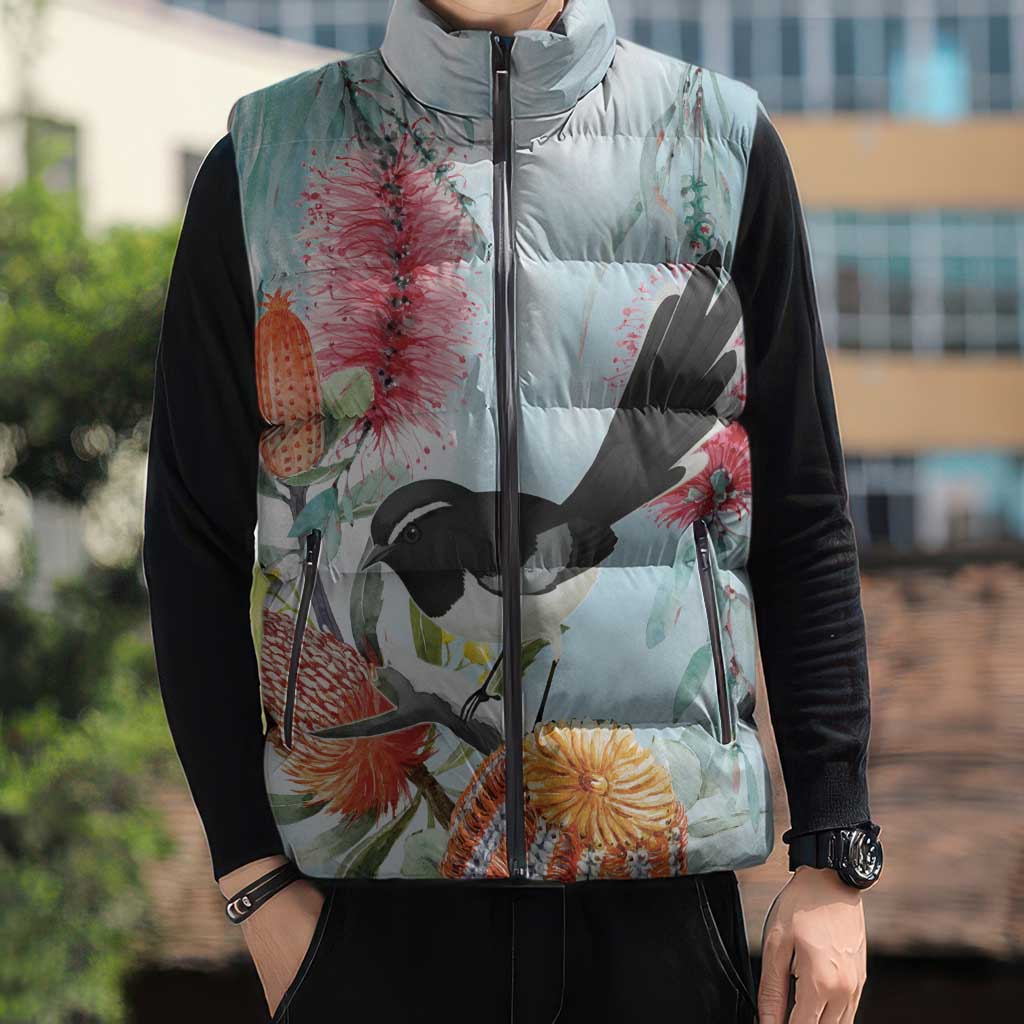 Willie wagtail Australia Sleeveless Puffer Jacket Banksia Bottlebrushes Watercolor Stylized - Aussie Hoodie