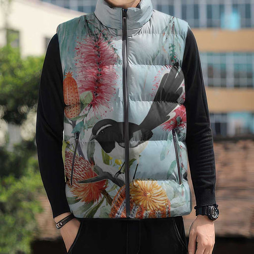 Willie wagtail Australia Sleeveless Puffer Jacket Banksia Bottlebrushes Watercolor Stylized - Aussie Hoodie
