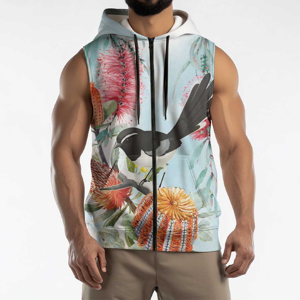 Willie wagtail Australia Sleeveless Zip Hoodie Banksia Bottlebrushes Watercolor Stylized LT14