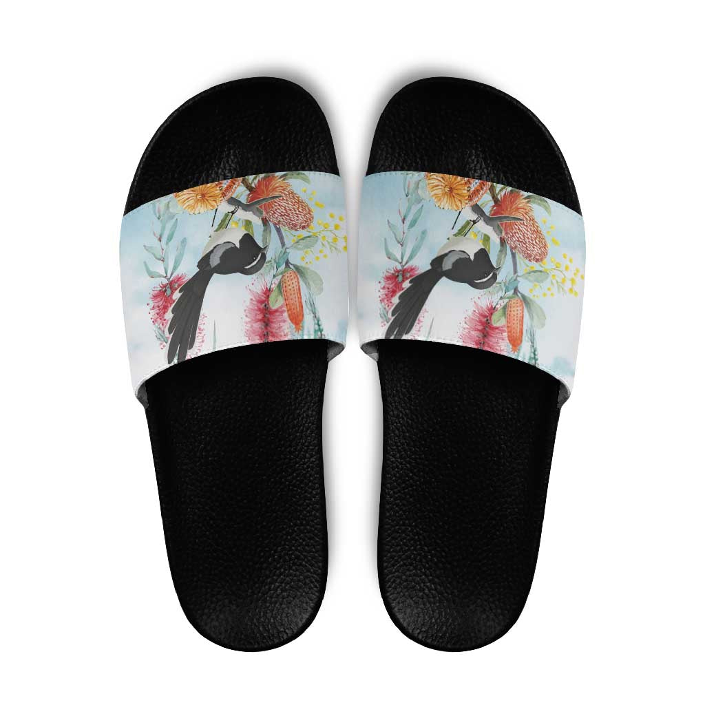 Willie wagtail Australia Slide Sandals Banksia Bottlebrushes Watercolor Stylized - Aussie Hoodie