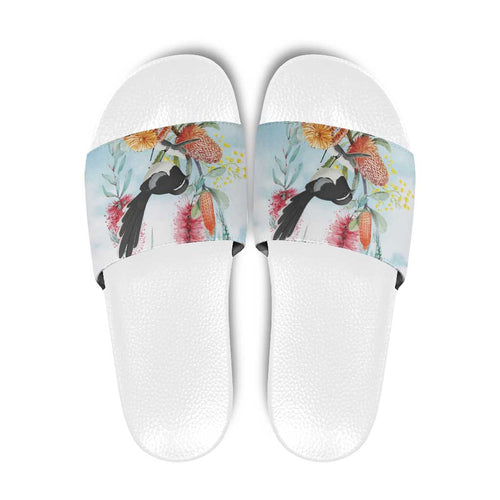 Willie wagtail Australia Slide Sandals Banksia Bottlebrushes Watercolor Stylized - Aussie Hoodie