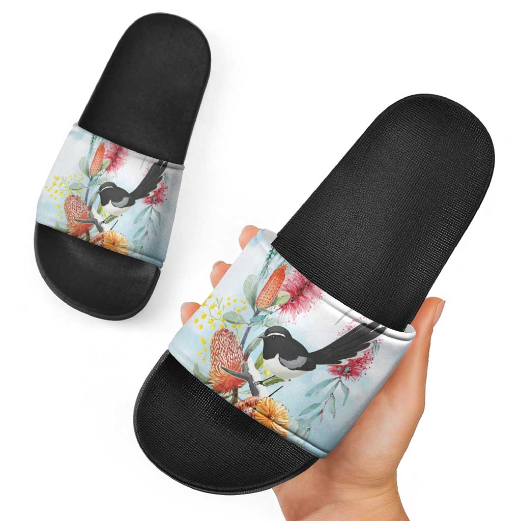 Willie wagtail Australia Slide Sandals Banksia Bottlebrushes Watercolor Stylized - Aussie Hoodie