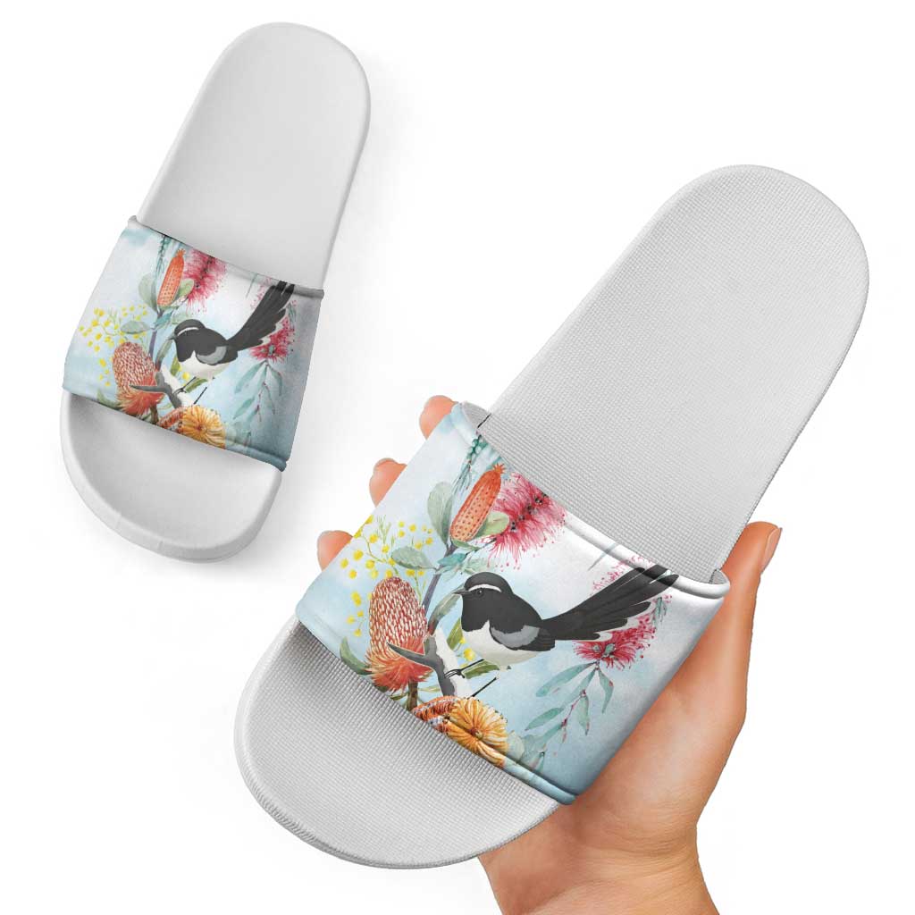 Willie wagtail Australia Slide Sandals Banksia Bottlebrushes Watercolor Stylized - Aussie Hoodie