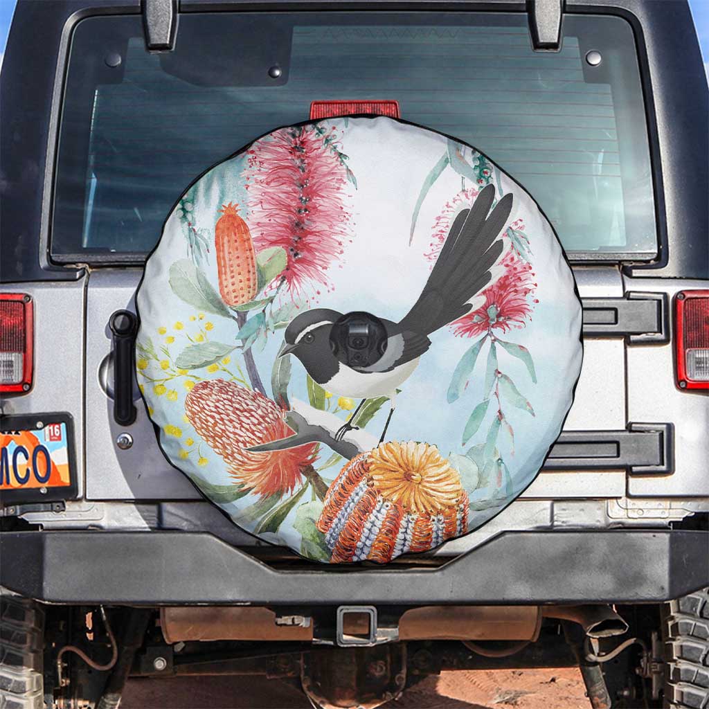 Willie wagtail Australia Spare Tire Cover Banksia Bottlebrushes Watercolor Stylized - Aussie Hoodie
