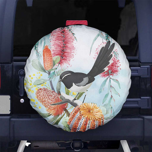Willie wagtail Australia Spare Tire Cover Banksia Bottlebrushes Watercolor Stylized - Aussie Hoodie