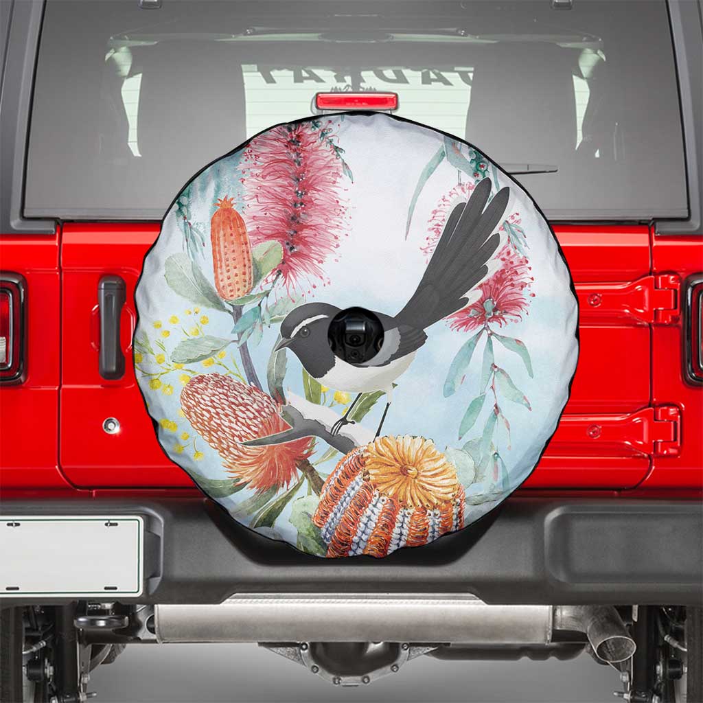 Willie wagtail Australia Spare Tire Cover Banksia Bottlebrushes Watercolor Stylized - Aussie Hoodie