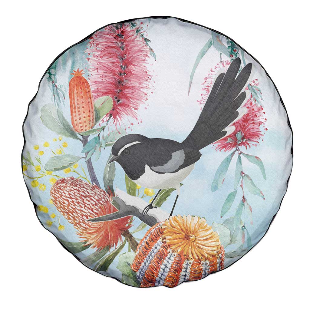 Willie wagtail Australia Spare Tire Cover Banksia Bottlebrushes Watercolor Stylized - Aussie Hoodie