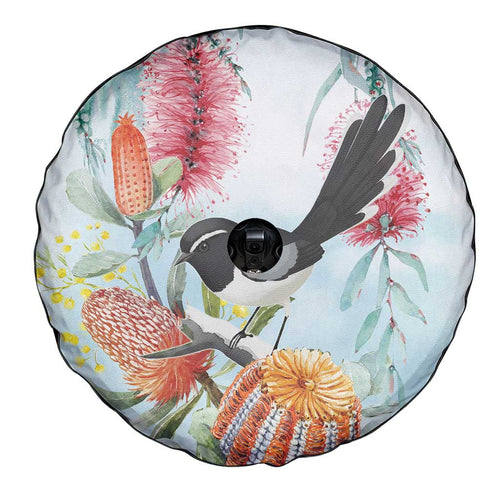 Willie wagtail Australia Spare Tire Cover Banksia Bottlebrushes Watercolor Stylized - Aussie Hoodie
