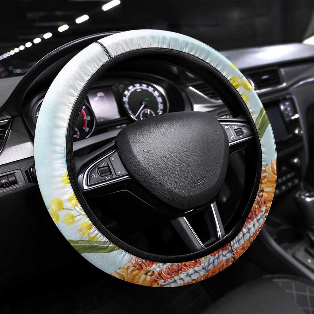 Willie wagtail Australia Steering Wheel Cover Banksia Bottlebrushes Watercolor Stylized - Aussie Hoodie