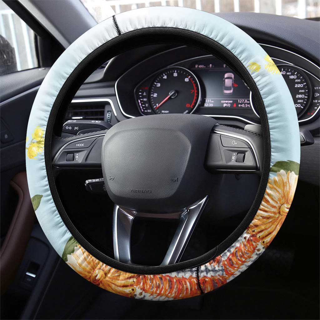 Willie wagtail Australia Steering Wheel Cover Banksia Bottlebrushes Watercolor Stylized - Aussie Hoodie