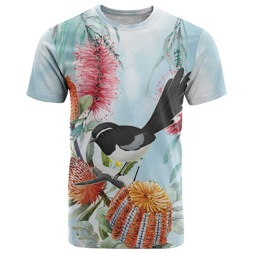 Willie wagtail Australia T Shirt Banksia Bottlebrushes Watercolor Stylized - Aussie Hoodie