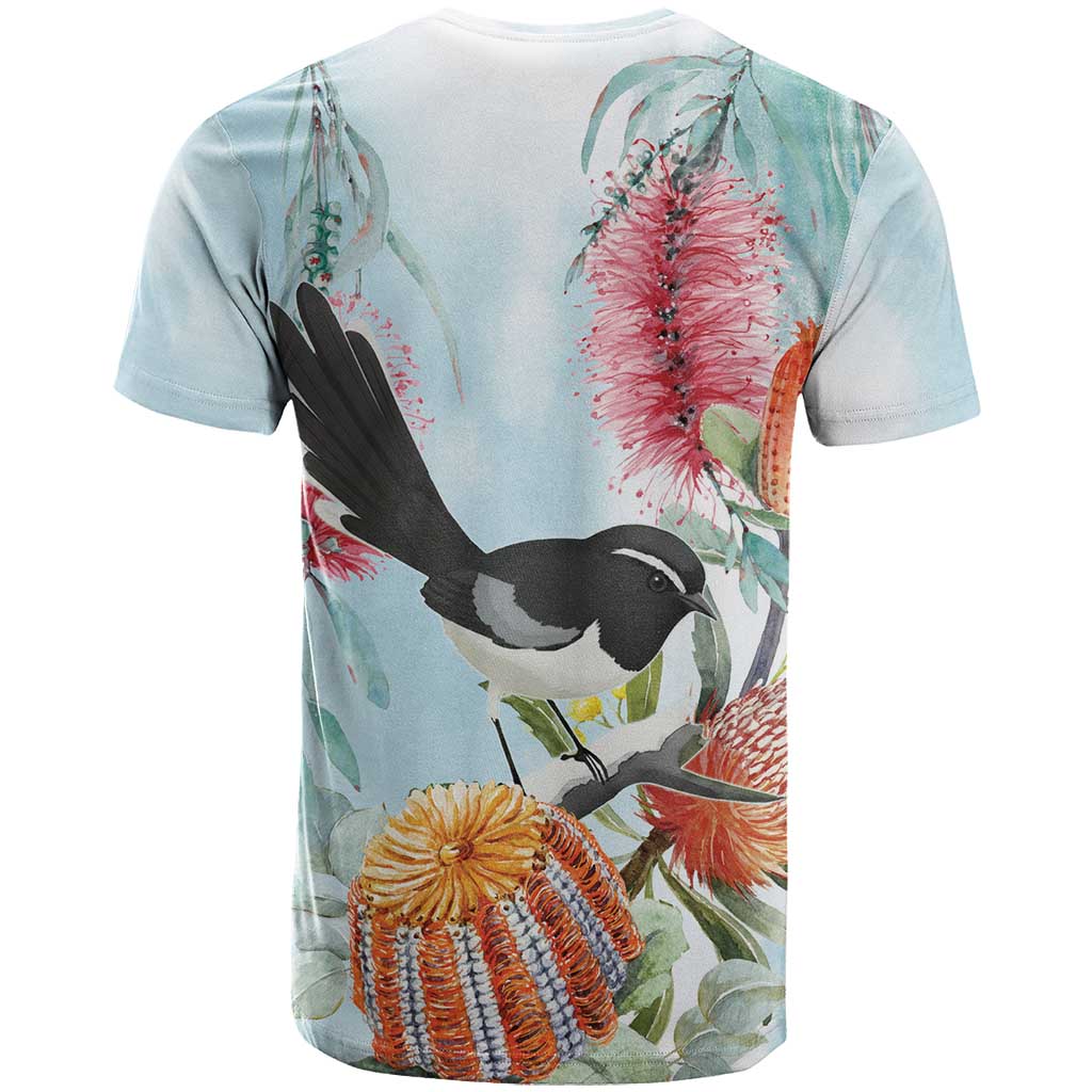 Willie wagtail Australia T Shirt Banksia Bottlebrushes Watercolor Stylized - Aussie Hoodie